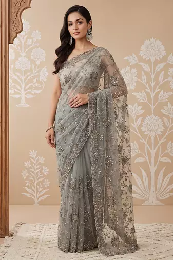 Pista green embroidered net saree