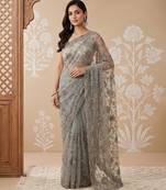 Pista green embroidered net saree