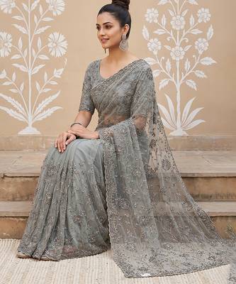 Pista green embroidered net saree 2