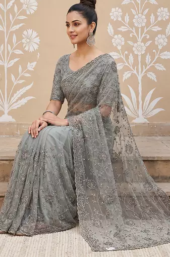 Pista green embroidered net saree