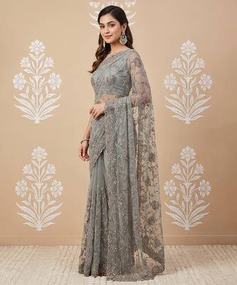 Pista green embroidered net saree 3