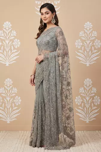 Pista green embroidered net saree