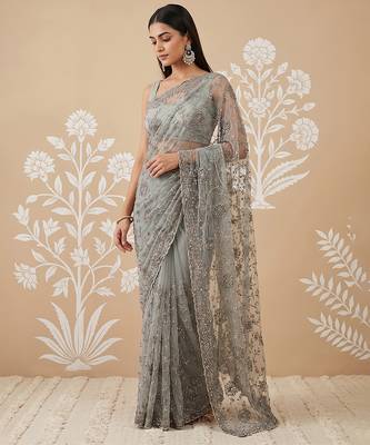 Pista green embroidered net saree 4