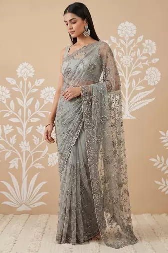 Pista green embroidered net saree
