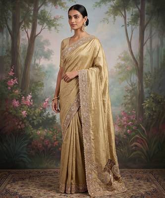 Antique gold embroidered viscose saree 1