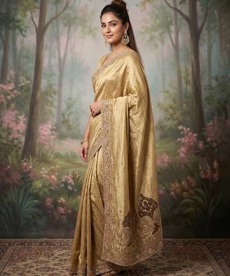 Antique gold embroidered viscose saree 4