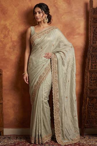 Pista green embroidered viscose saree