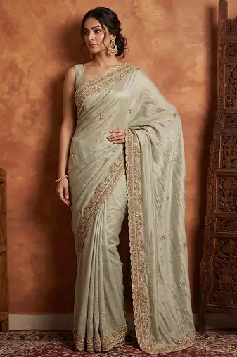 Pista green embroidered viscose saree
