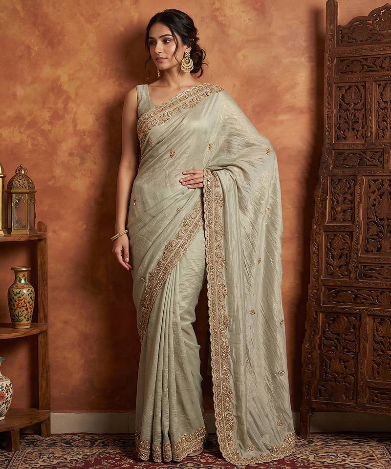 Pista green embroidered viscose saree