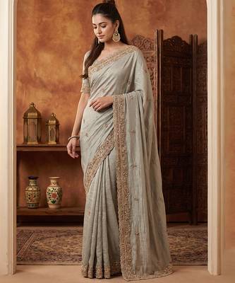 Pista green embroidered viscose saree 2