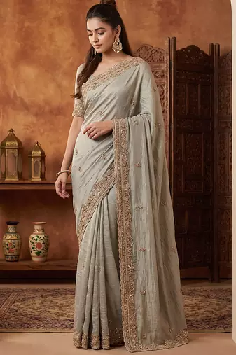 Pista green embroidered viscose saree