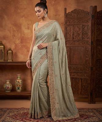 Pista green embroidered viscose saree 3