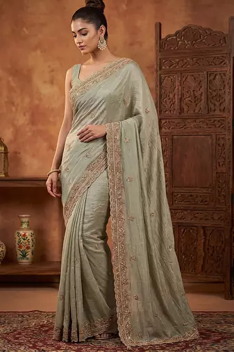 Pista green embroidered viscose saree