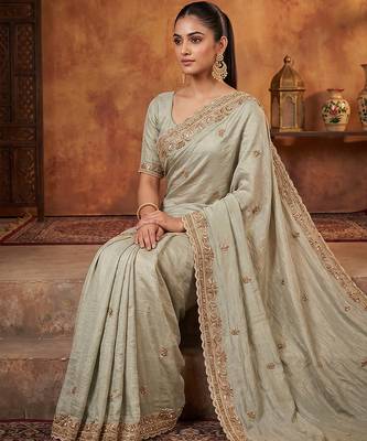 Pista green embroidered viscose saree 4