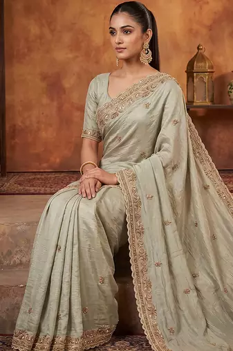 Pista green embroidered viscose saree