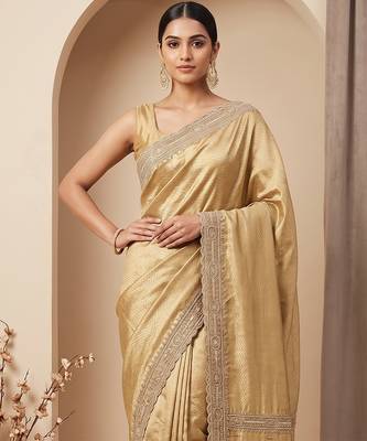 Champagne gold embroidered viscose saree 2