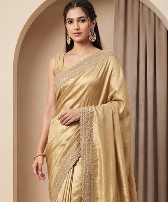 Champagne gold embroidered viscose saree 3