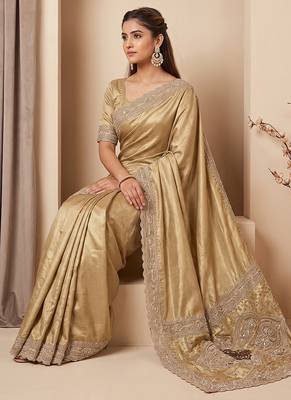 Champagne gold embroidered viscose saree 4