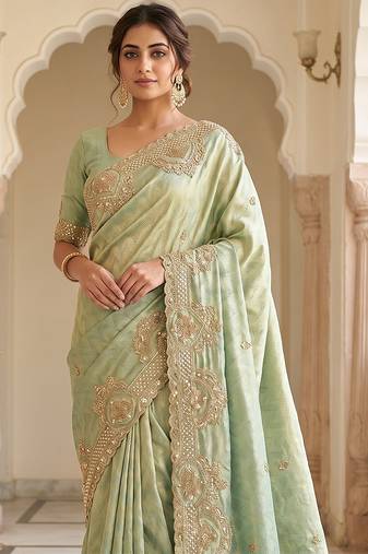 Pista green embroidered viscose saree
