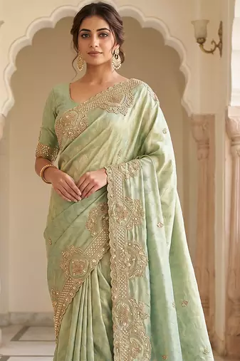 Pista green embroidered viscose saree
