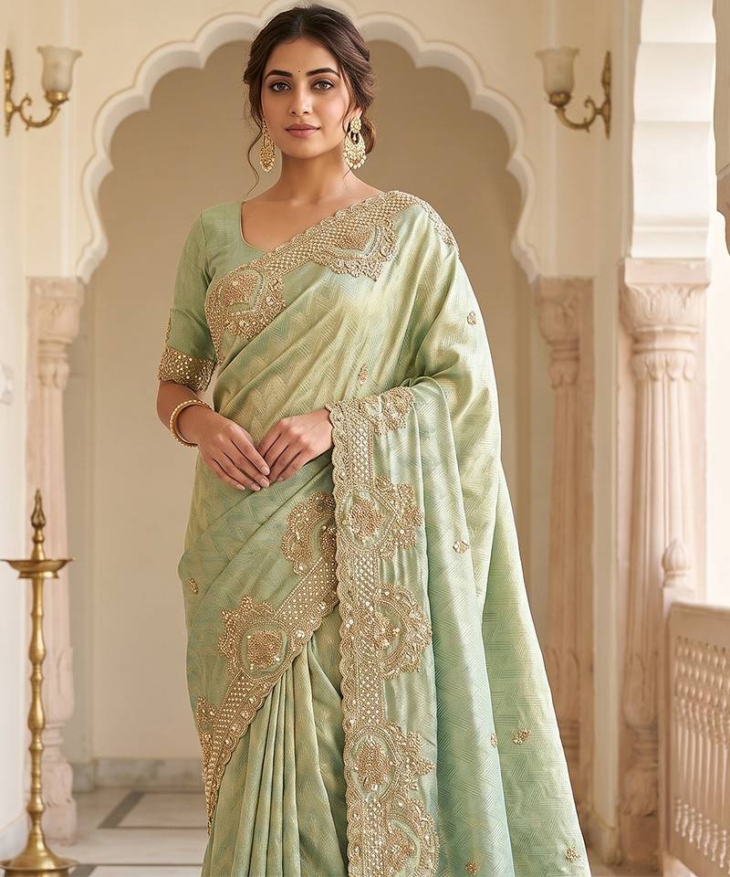 Pista green embroidered viscose saree