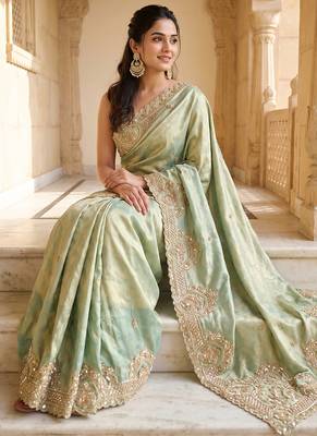 Pista green embroidered viscose saree 2