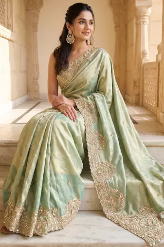 Pista green embroidered viscose saree