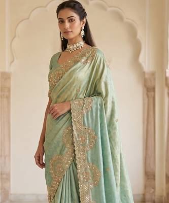 Pista green embroidered viscose saree 3