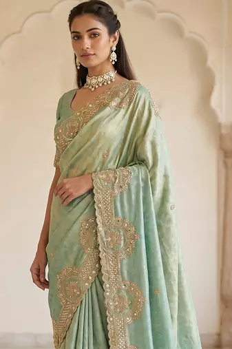 Pista green embroidered viscose saree