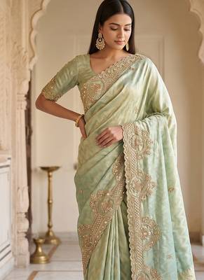 Pista green embroidered viscose saree 4