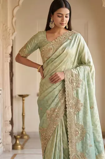 Pista green embroidered viscose saree