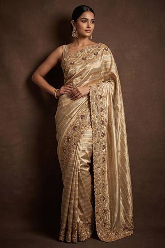 Silver gold embroidered nylon saree