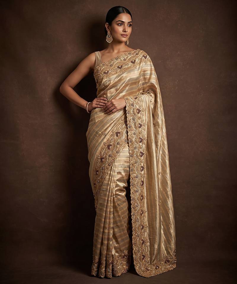 Silver gold embroidered nylon saree