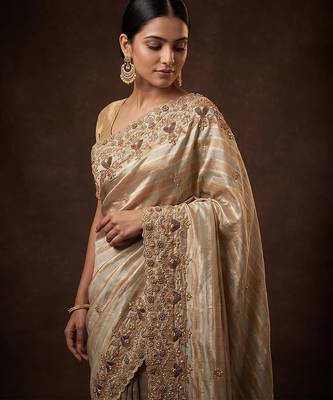 Silver gold embroidered nylon saree 3