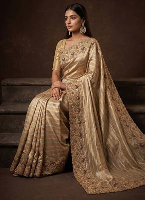 Silver gold embroidered nylon saree 4