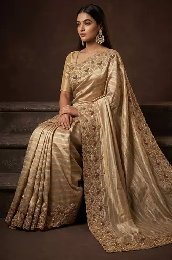 Silver gold embroidered nylon saree