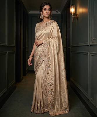 Beige embroidered viscose saree 1
