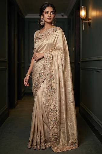 Beige embroidered viscose saree