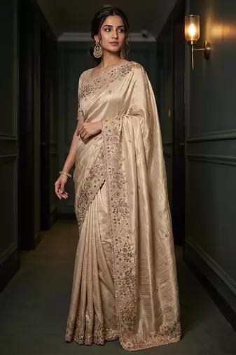 Beige embroidered viscose saree
