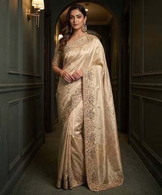 Beige embroidered viscose saree 2