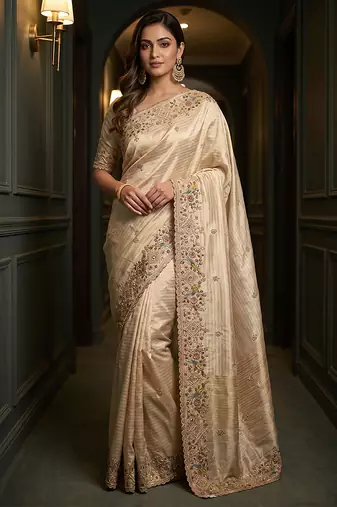 Beige embroidered viscose saree