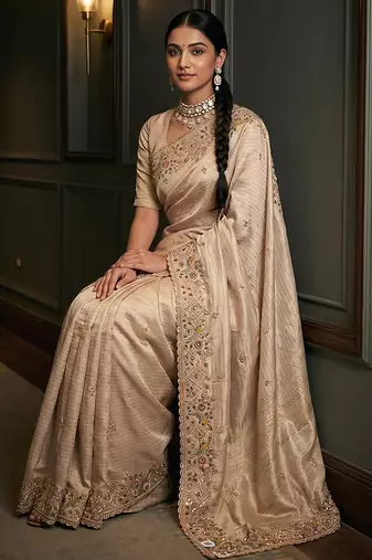 Beige embroidered viscose saree