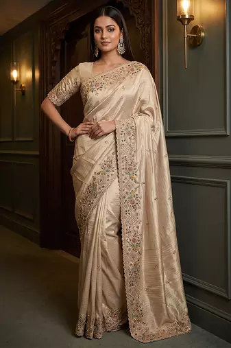 Beige embroidered viscose saree
