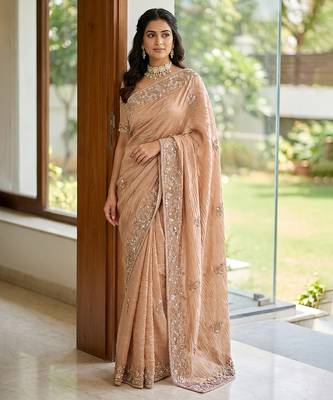 Peach embroidered crush organza saree 1