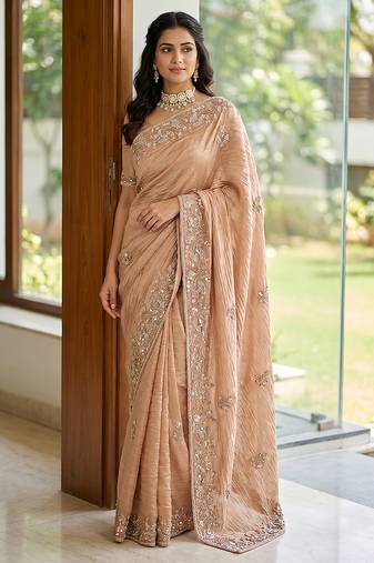 Peach embroidered crush organza saree