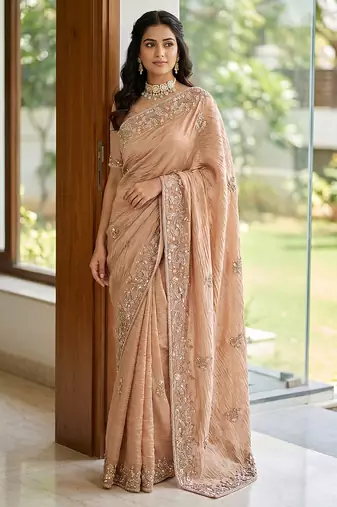 Peach embroidered crush organza saree