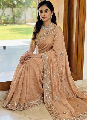 Peach embroidered crush organza saree 2