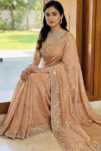 Peach embroidered crush organza saree