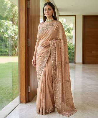 Peach embroidered crush organza saree 4