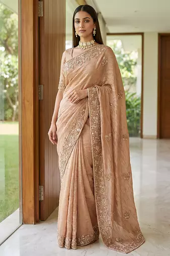Peach embroidered crush organza saree